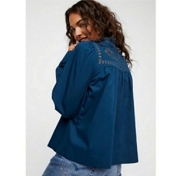 FREE PEOPLE Another Eternity Eyelet Bell Sleeve Top Blue - Picture 3 of 16